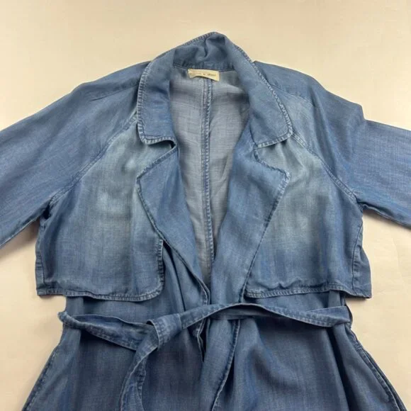 Cloth & Stone Blue Denim Tencel Belted Midi Summer Trench Coat M - Picture 2 of 9